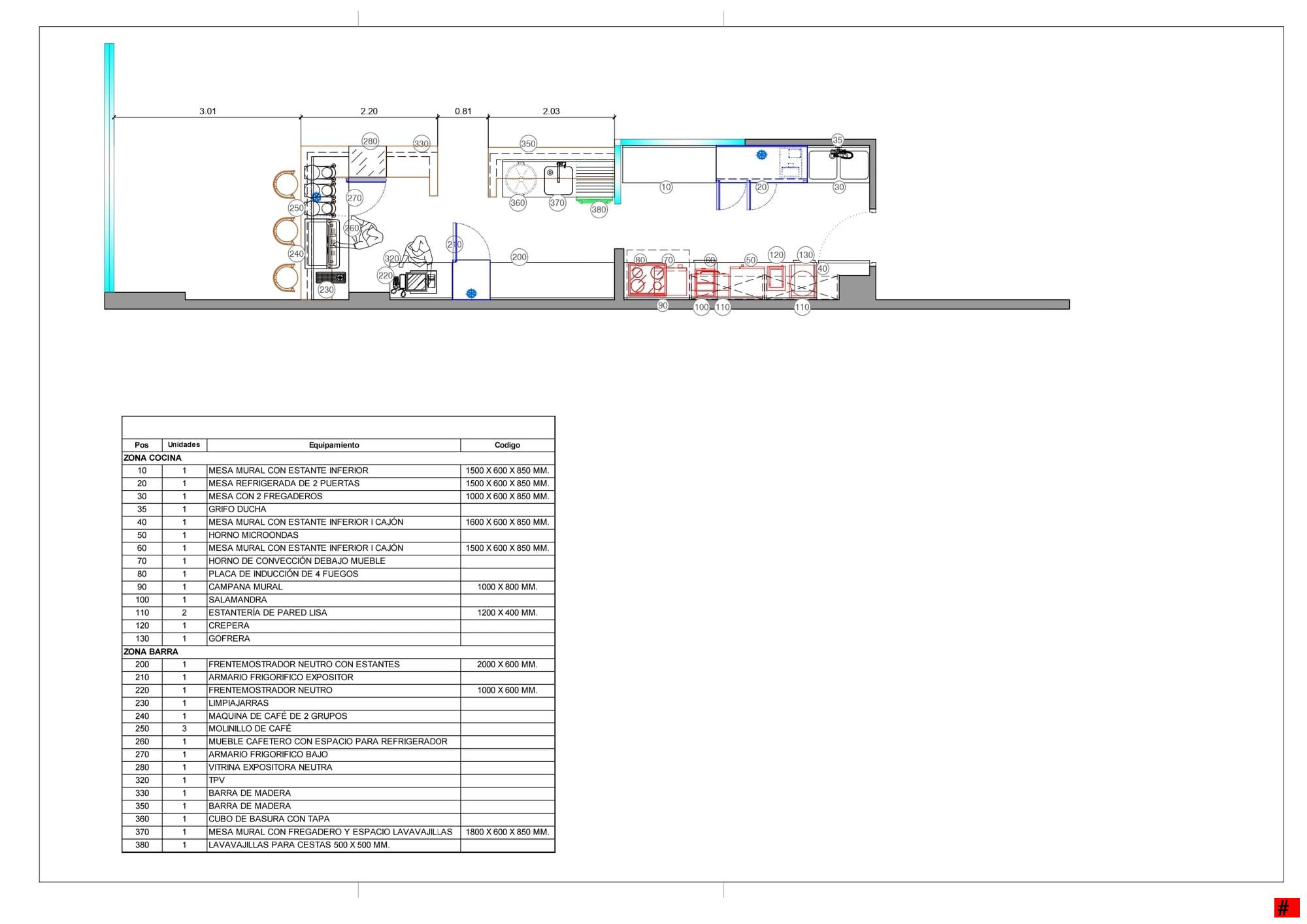 Plano diseño cocina y barra para cafetería Modelado - Planos de Hostelería